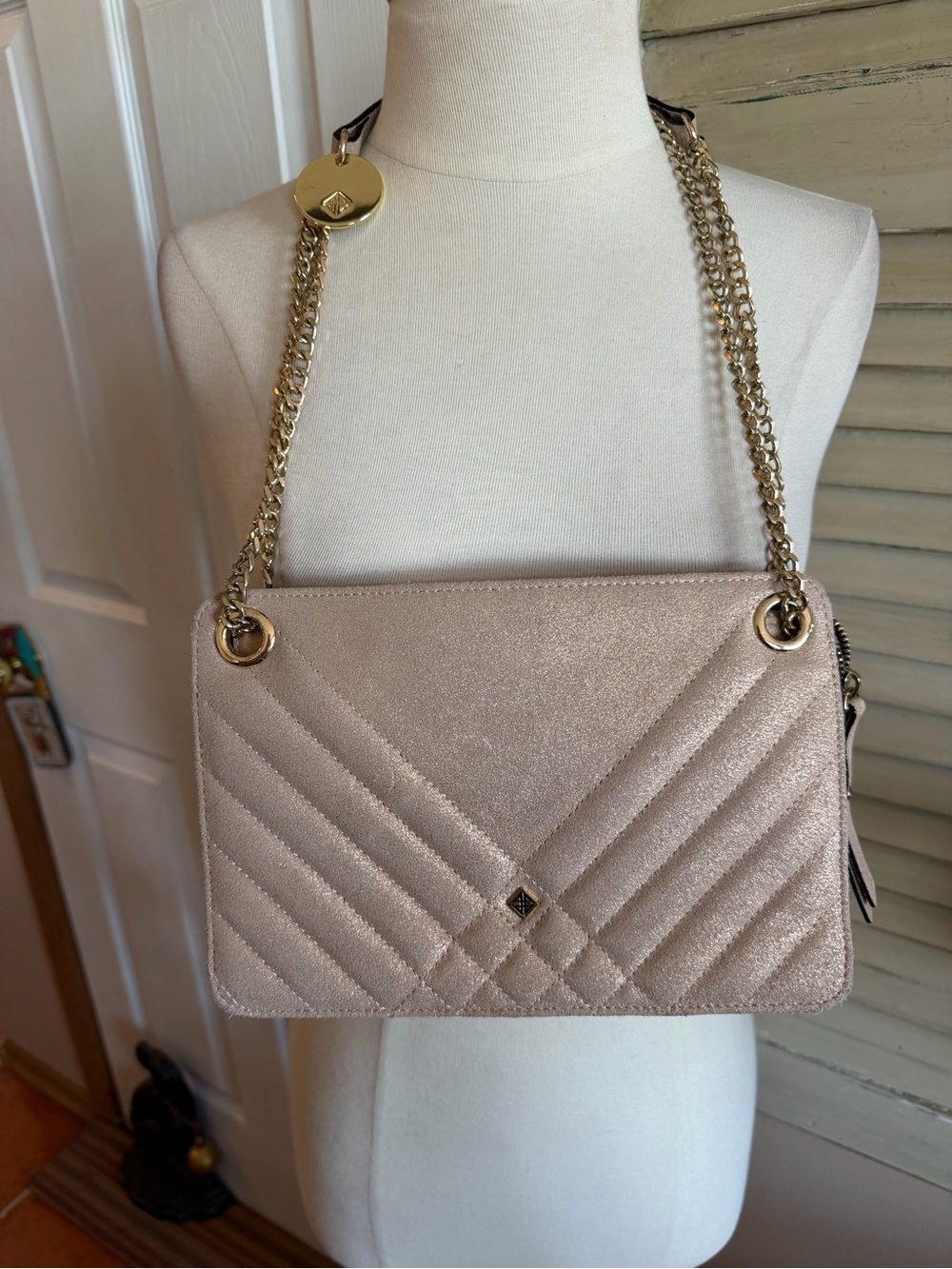Beautiful Quilted Metallic Blush Shoulder Bag with Gold Chain